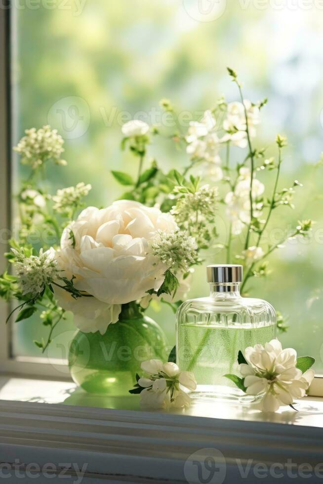 Glass perfume bottle with flowers photo