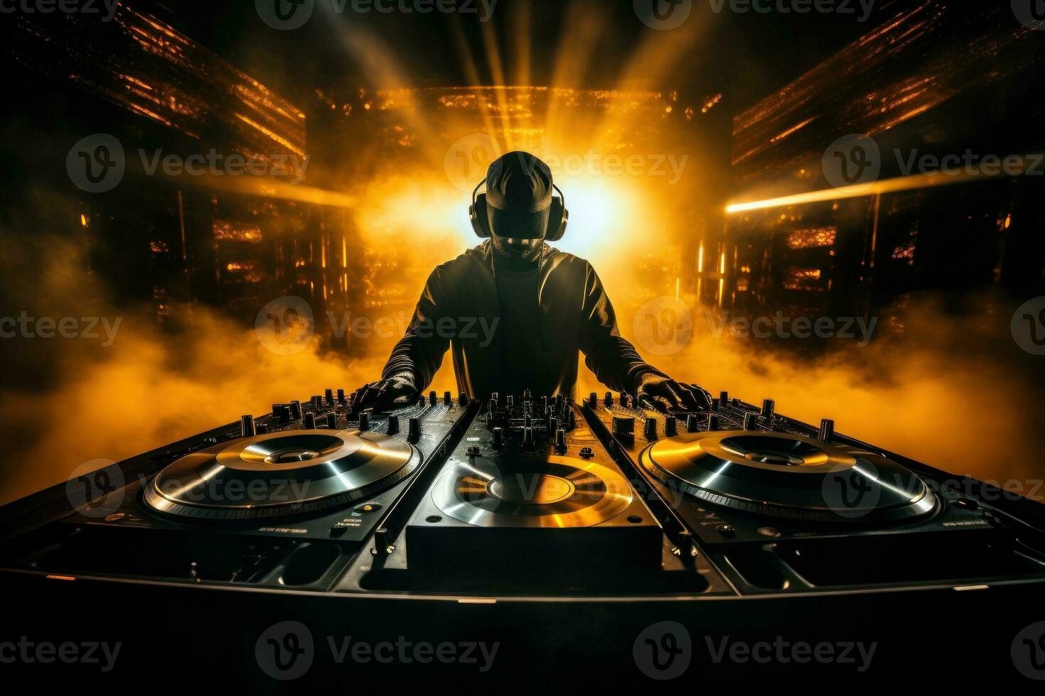 dark music background with playing DJ photo