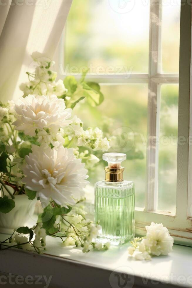 Glass perfume bottle with flowers photo