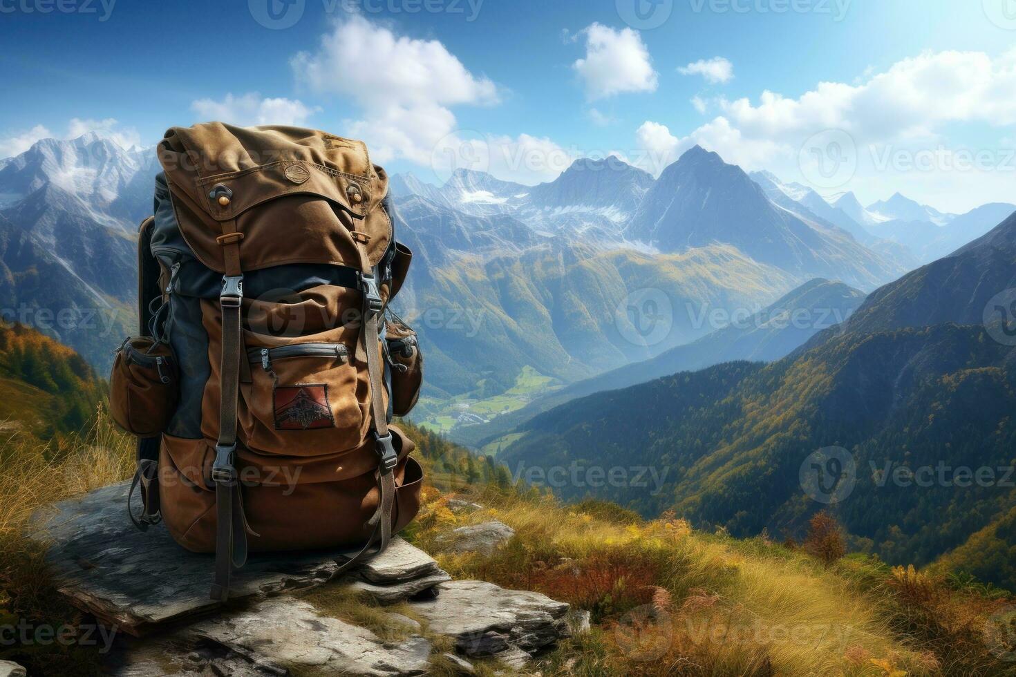 Young hiker with backpack in mountains photo
