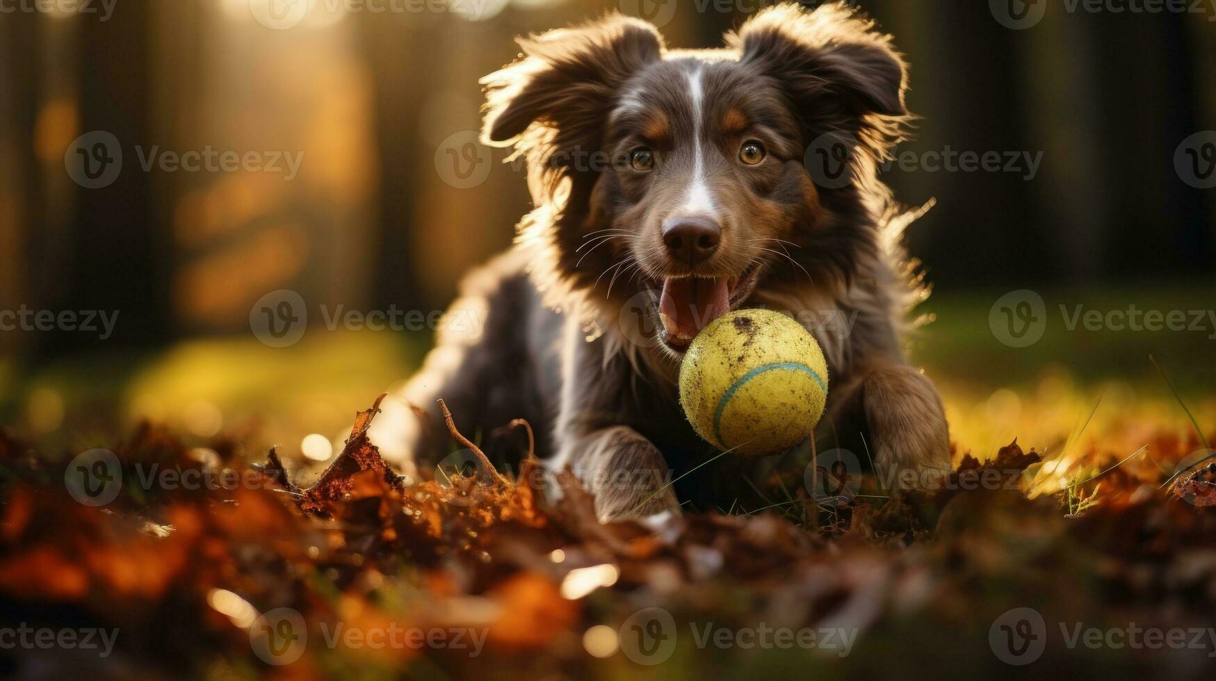 Dog plays with ball in autumn park photo