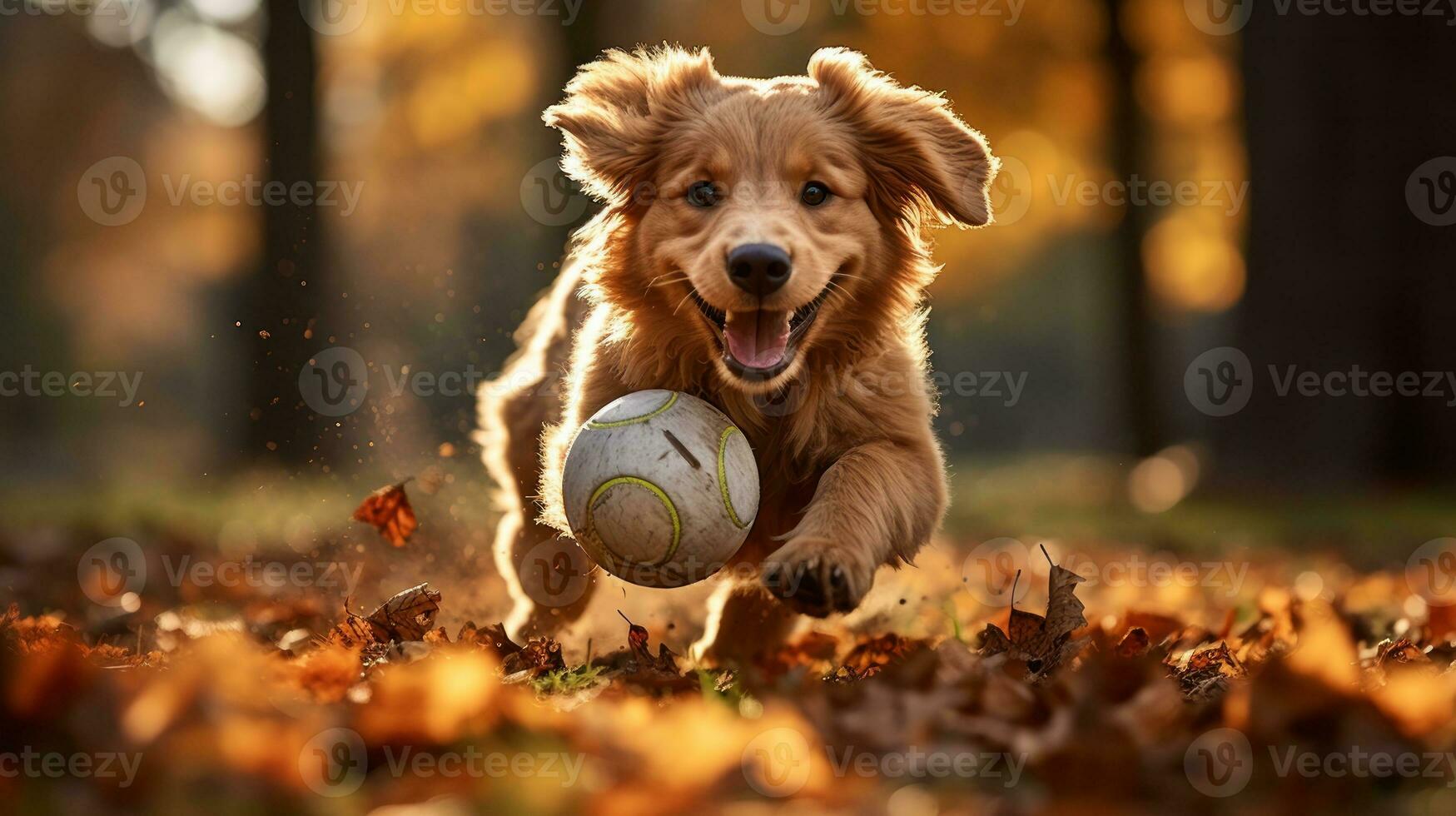 Dog plays with ball in autumn park photo