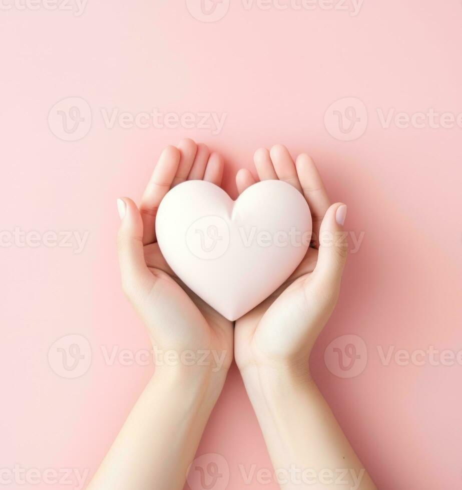 Woman holding pink heart card photo