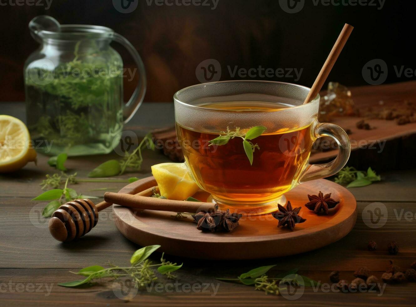 A cup of hot honey and sour green tea with spices photo