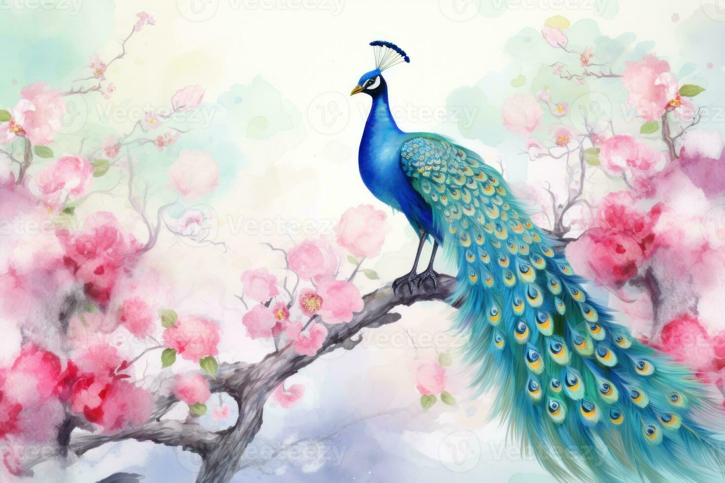 Peacock on oil painting of colorful artworks photo