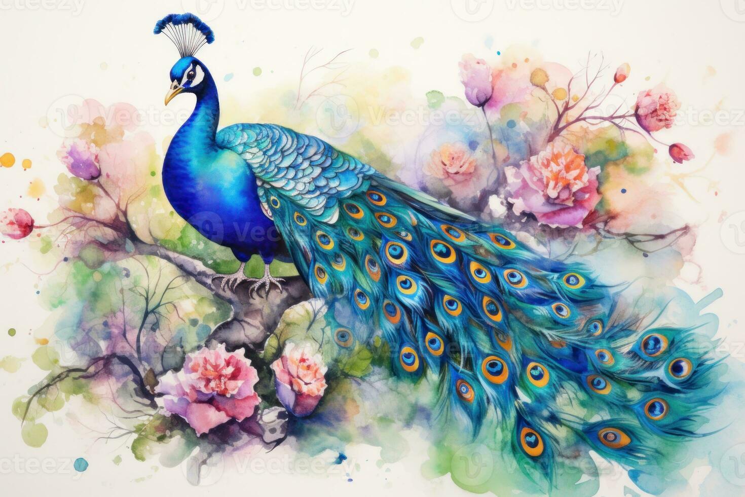 Peacock on oil painting of colorful artworks photo