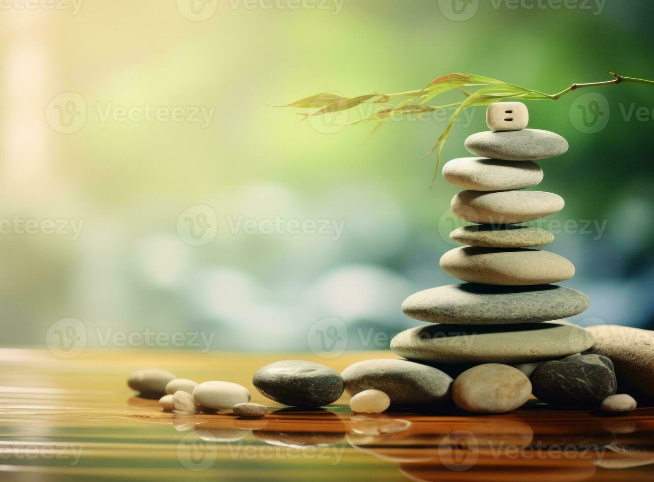 Stacked stones with wooden spa theme board and sticks photo