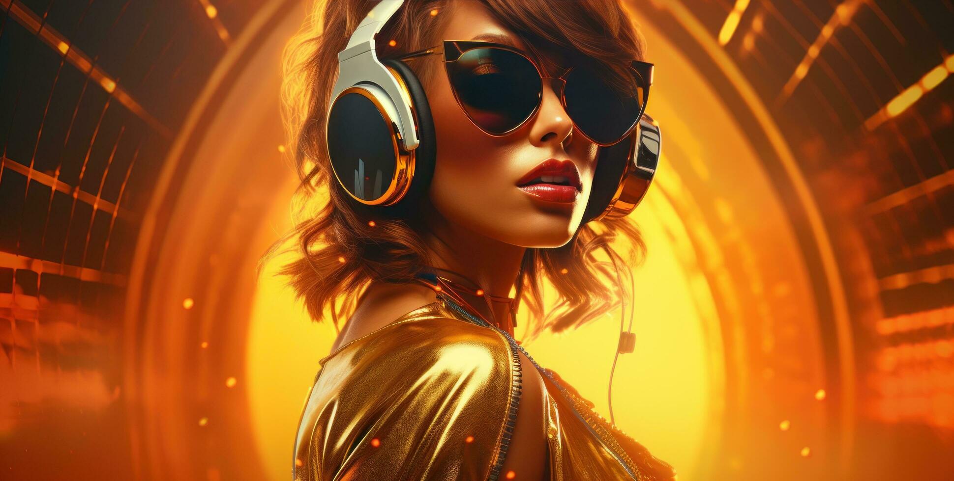 Attractive woman in a dj headphonesand sunglasse photo