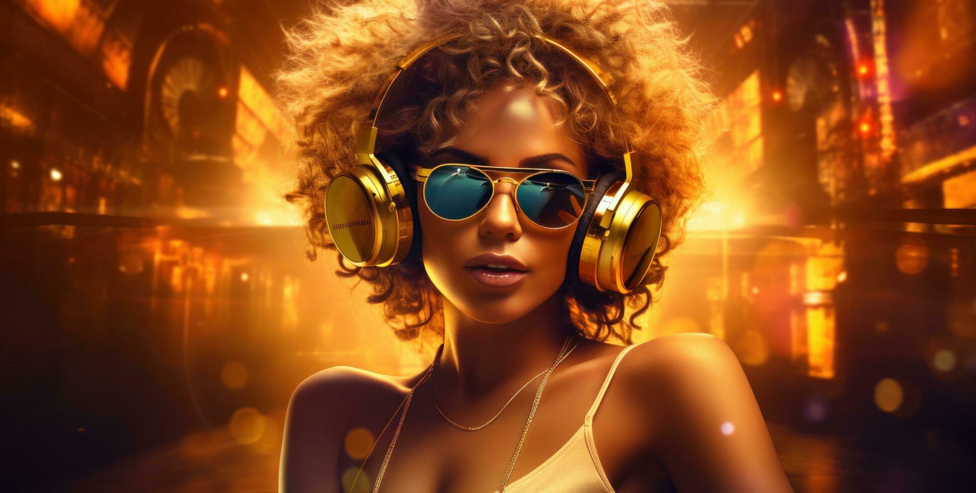 Attractive woman in a dj headphonesand sunglasse photo