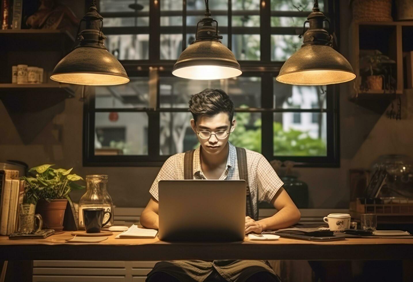 Young man working with laptop at home photo