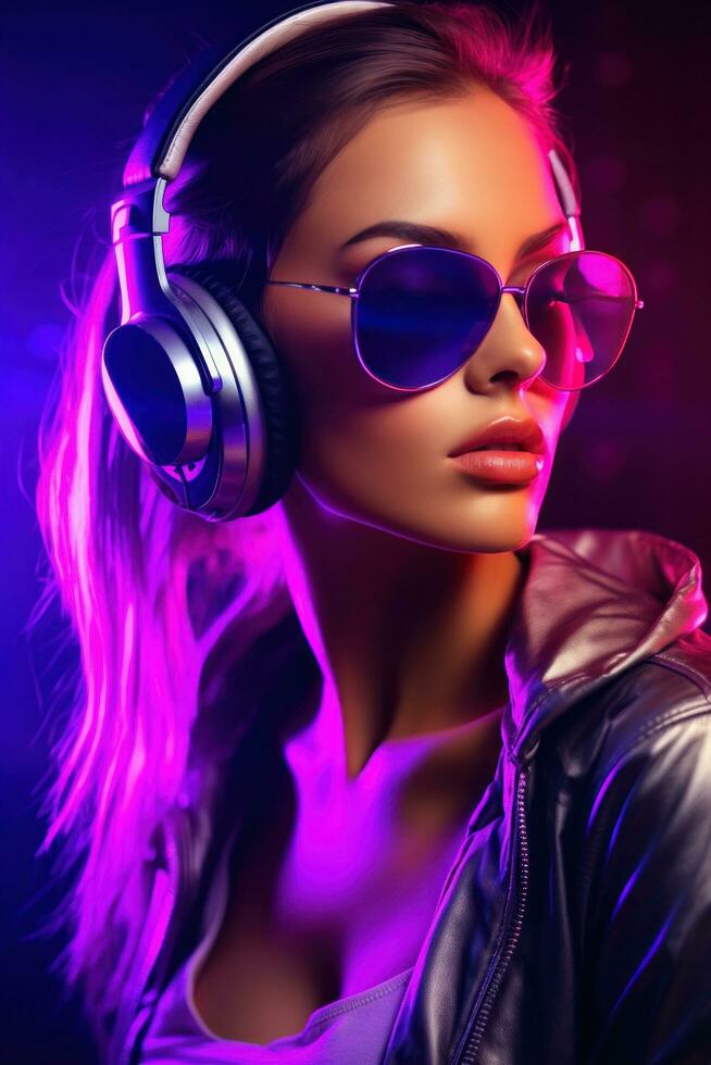 Attractive woman in a dj headphonesand sunglasse photo