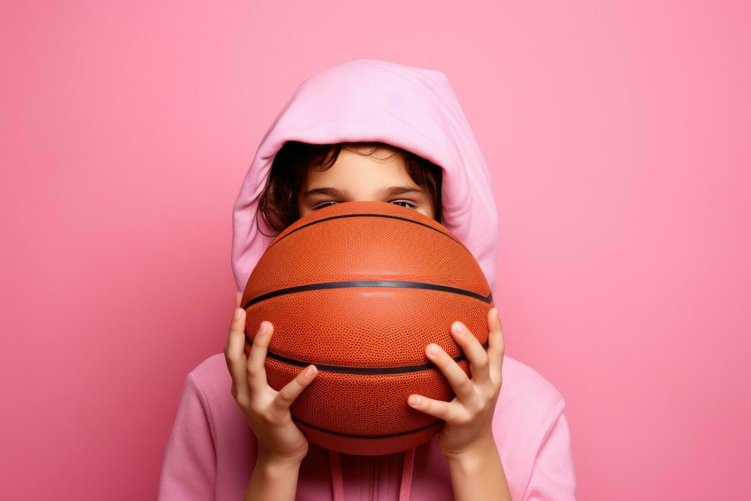 Girl holding basketball ball on pink background photo