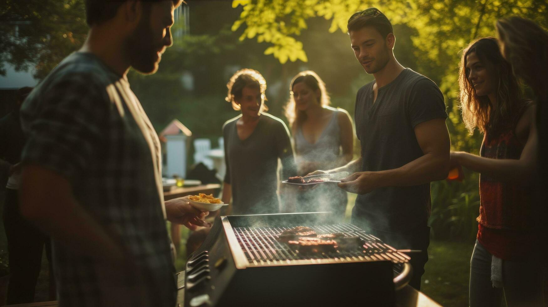 Young family is grilling at the barbecue photo