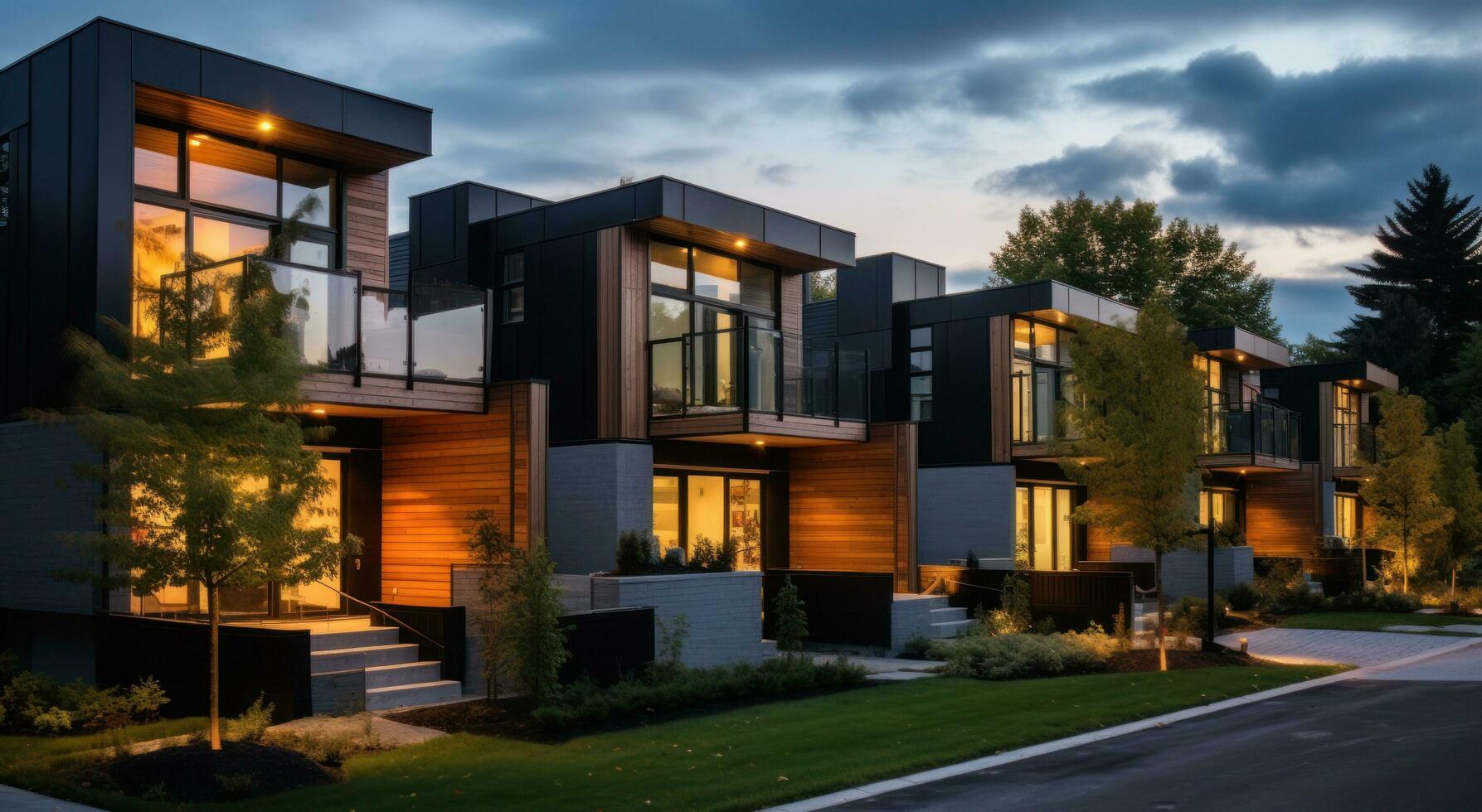 Modern condo townhouses in evening photo