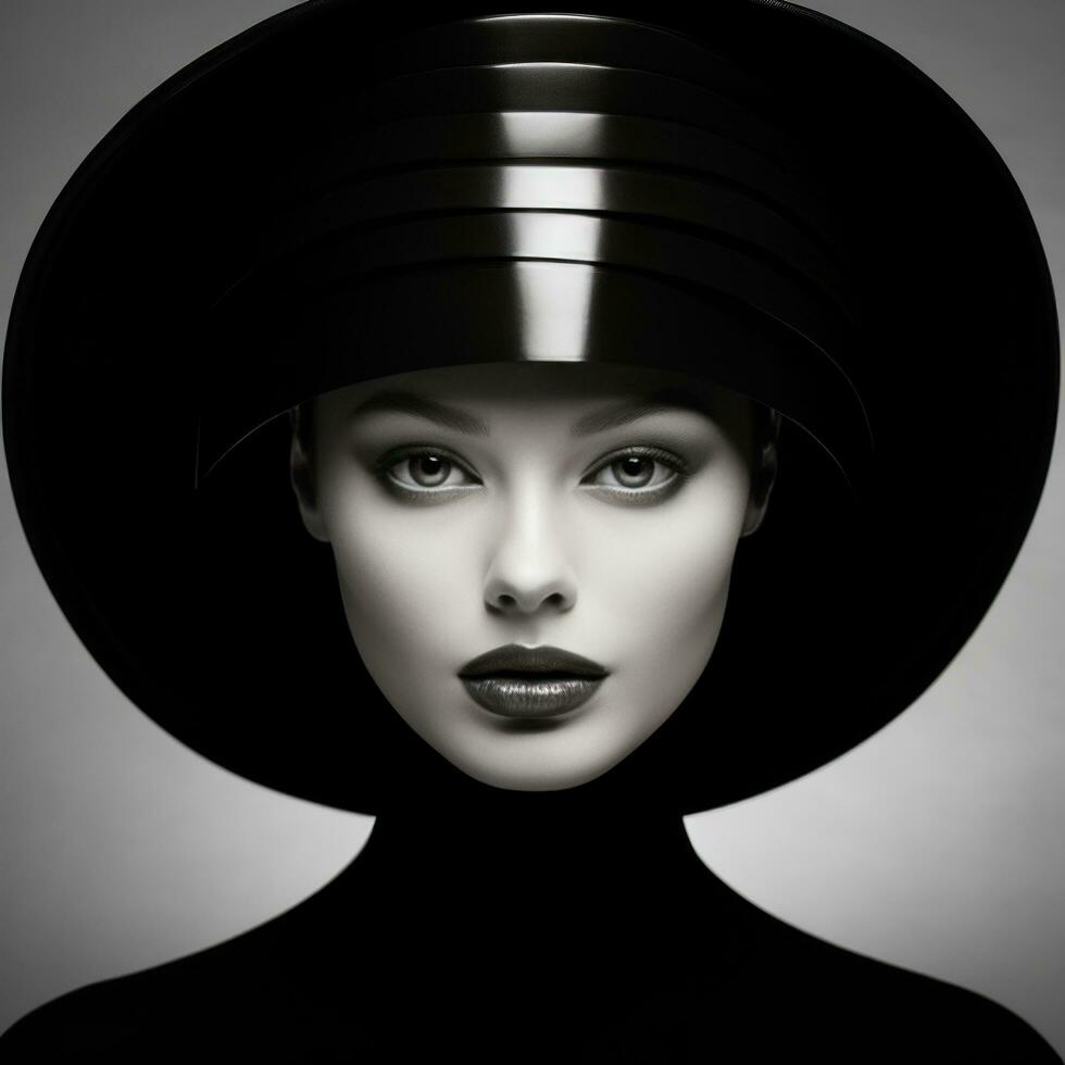 Beautiful woman in a black and white photo, in the style of fashion shapes photo