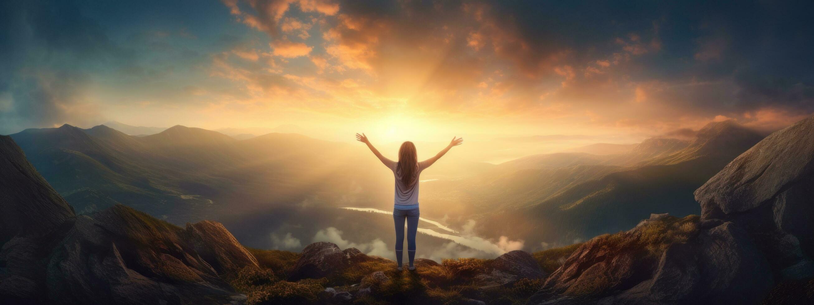 Woman standing on top of the mountain with arms outstretched against the mountain scenery photo