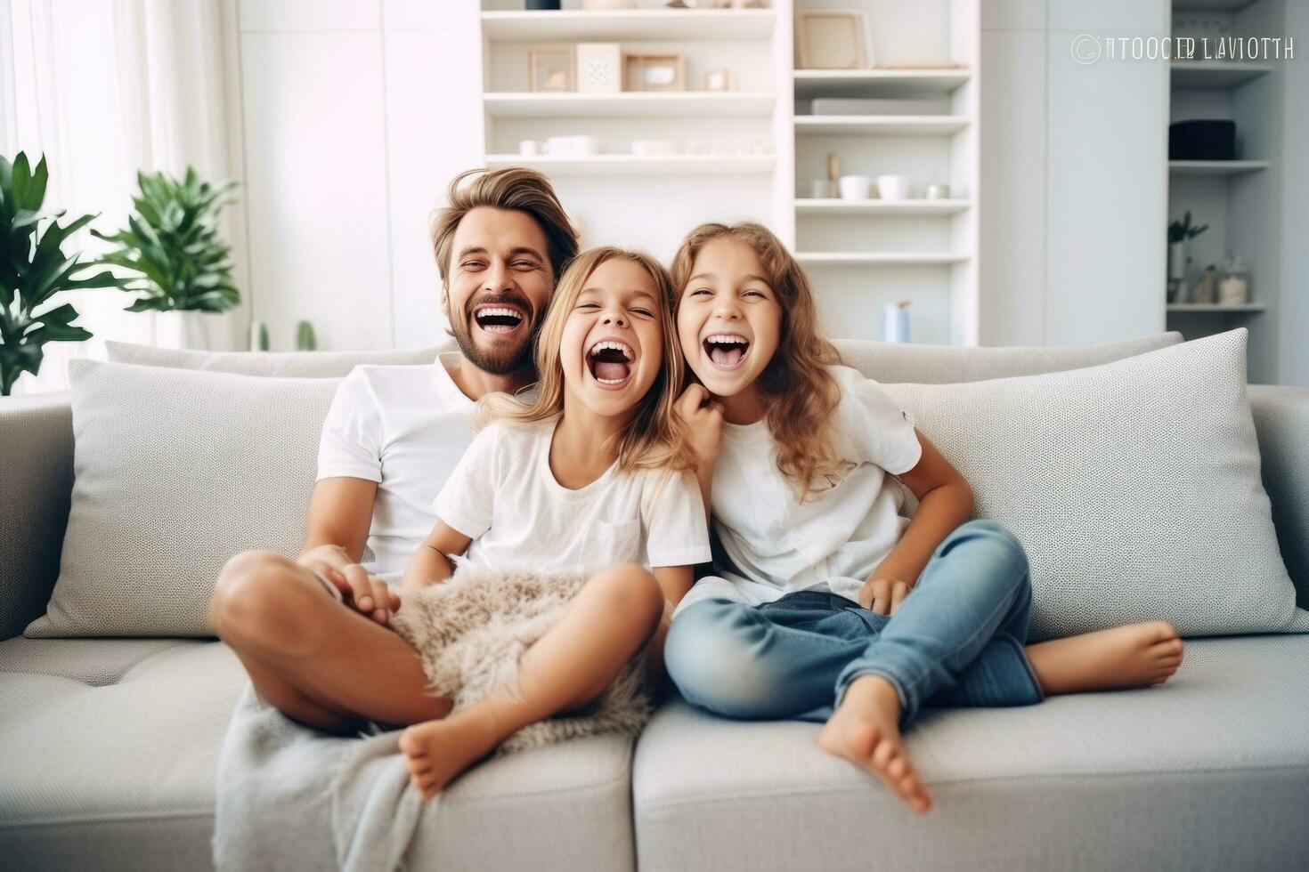Happy family having fun at home together photo
