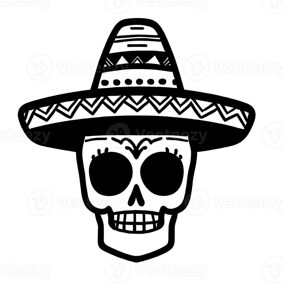 Sugar skull with hat isolated on transparent background. Day of the Dead celebration. AI generative illustration png