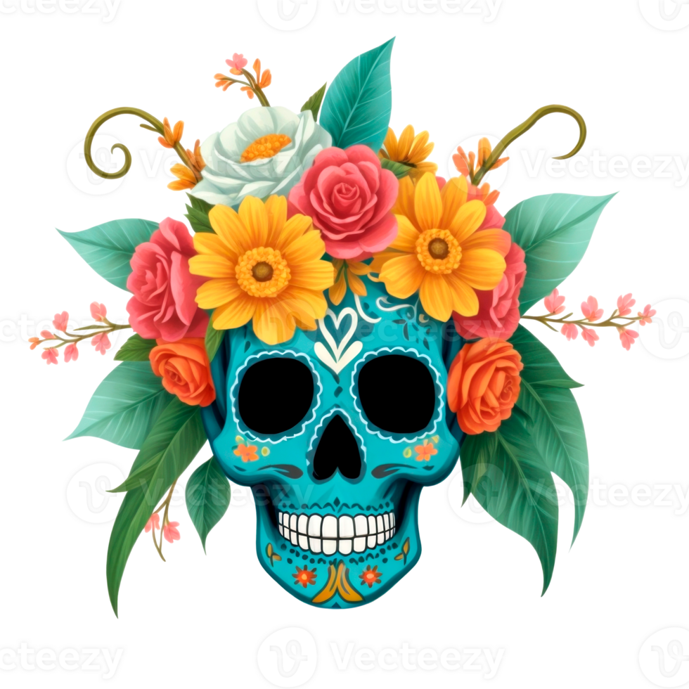 Floral Sugar skull isolated on transparent background. Day of the Dead celebration. AI generative illustration png