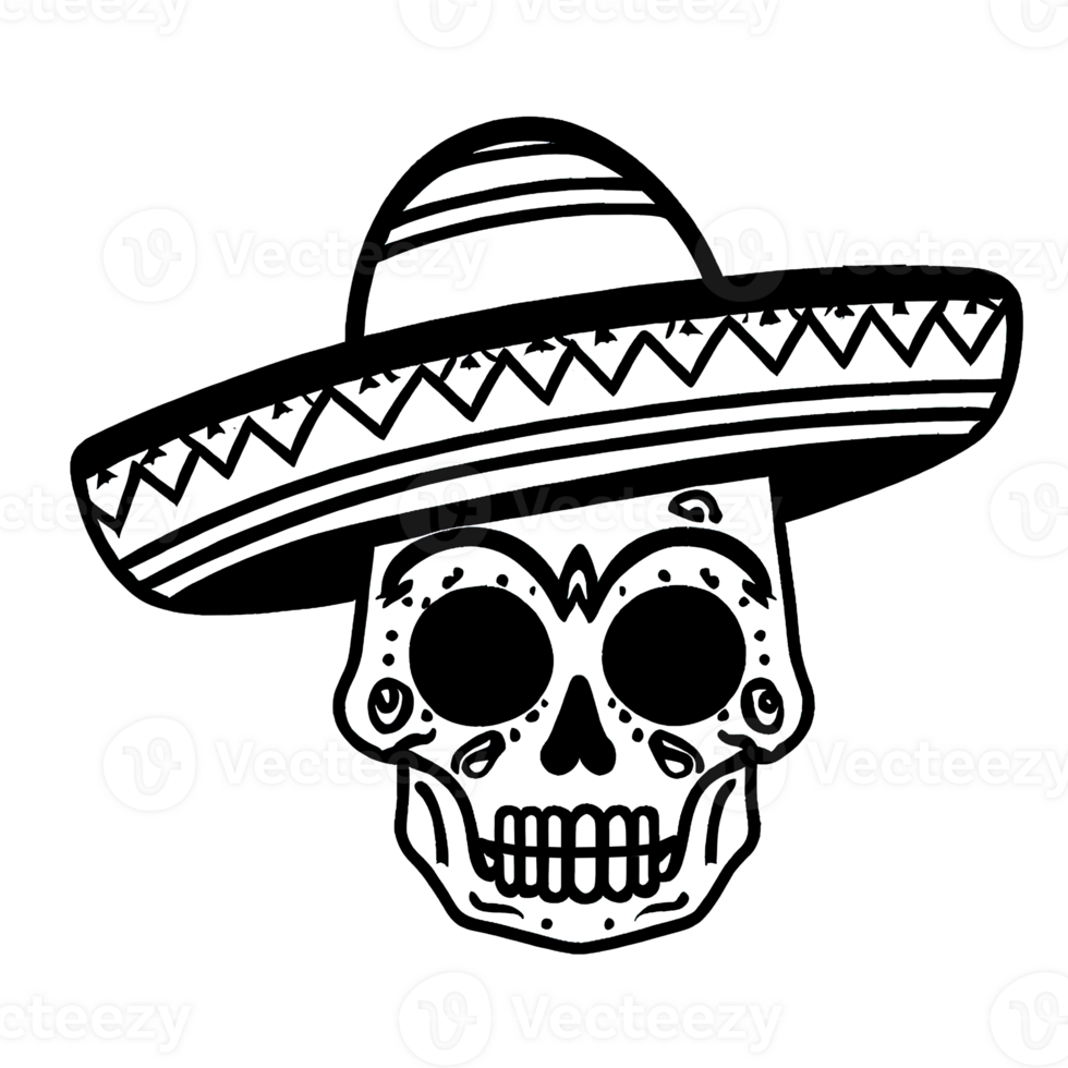 Sugar skull with hat isolated on transparent background. Day of the Dead celebration. AI generative illustration png