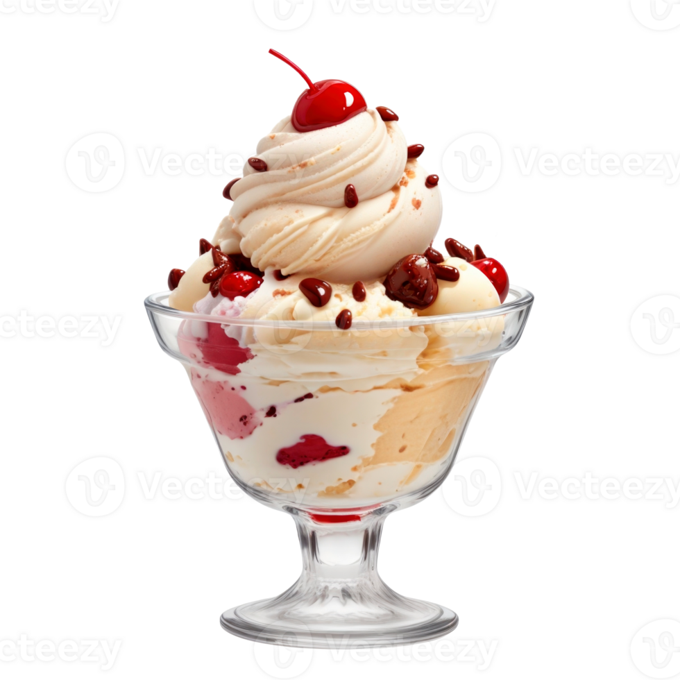 Sundae ice cream in glass bowl isolated on transparent background. png