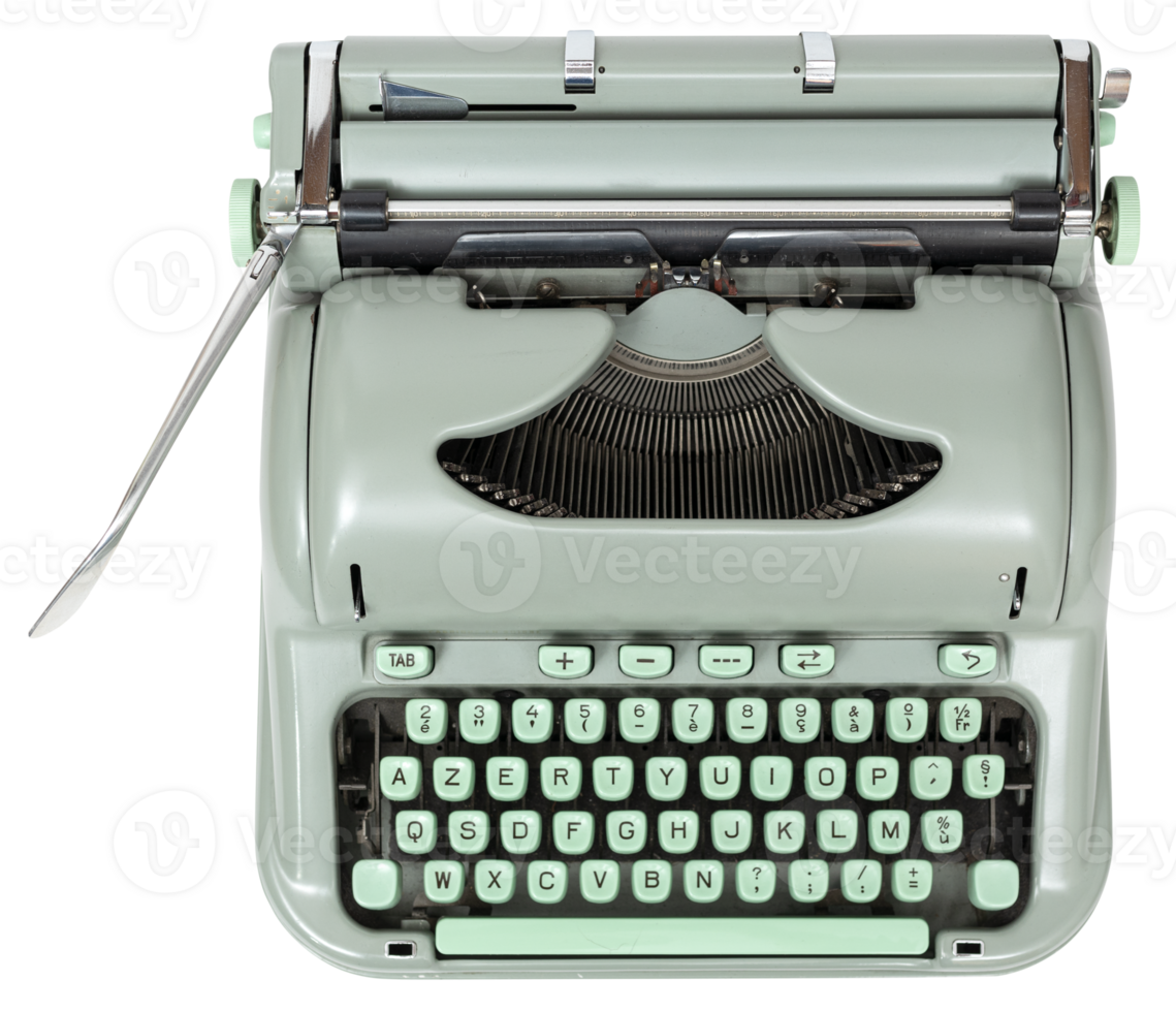 Retro vintage green typewriter isolated on transparent background. Top view png