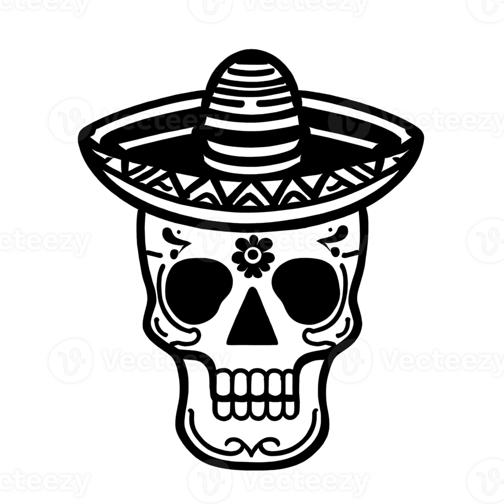 Sugar skull with hat isolated on transparent background. Day of the Dead celebration. AI generative illustration png