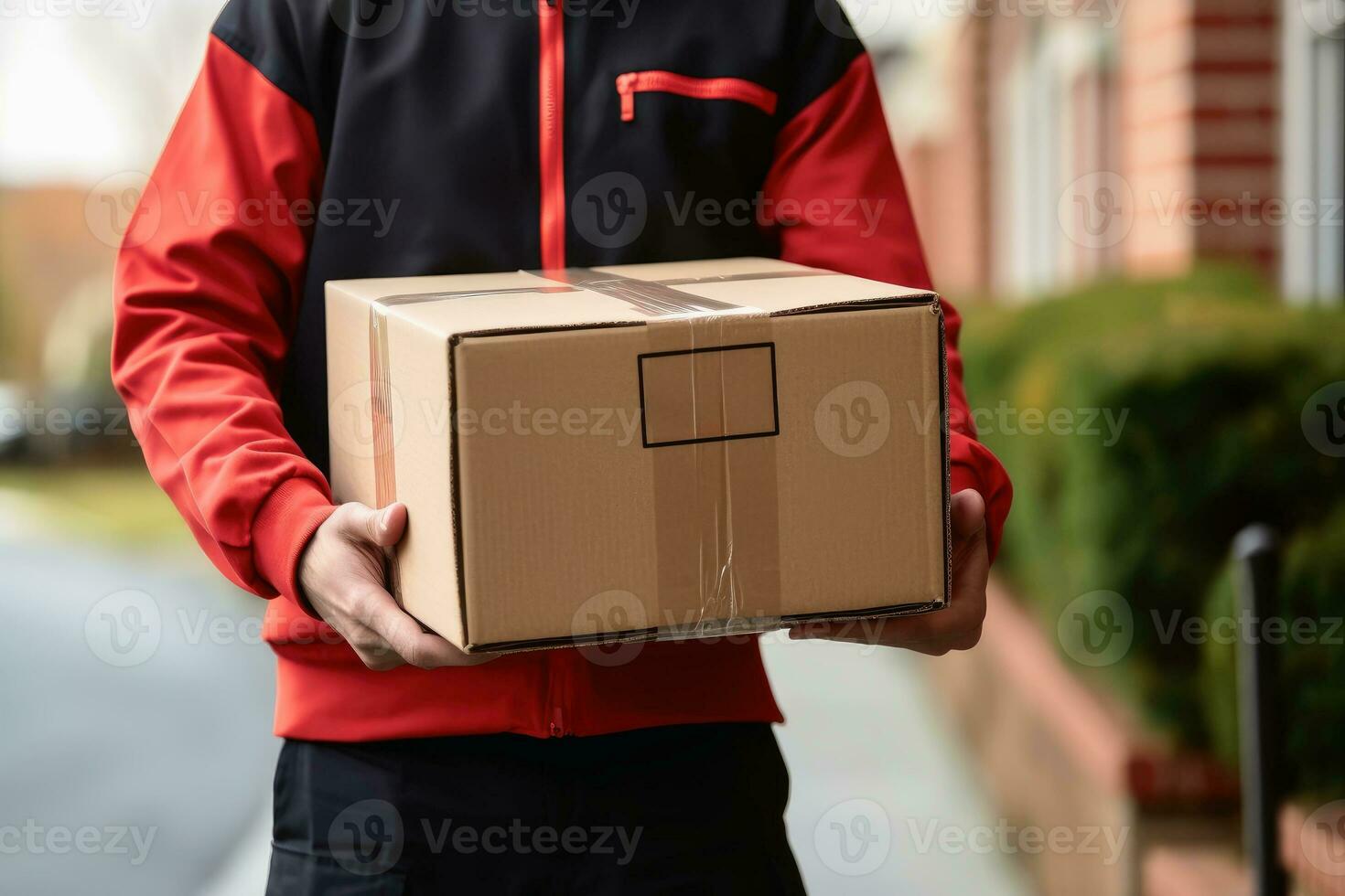 A parcel carrier brings a parcel to a front door created with generative AI technology. photo