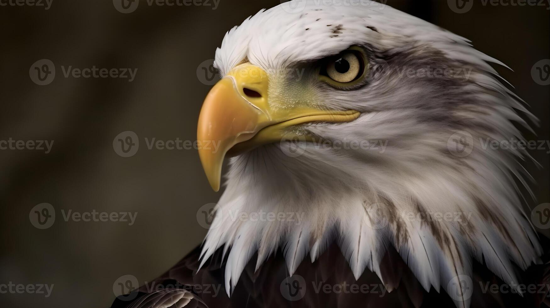 Close up portrait shot of Bald Eagle Haliaeetus Leucocephalus white head with sharp gaze. photo