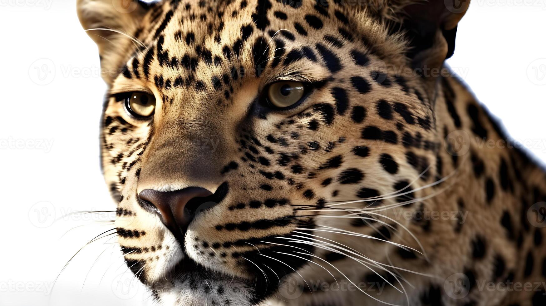 Close up portrait from side face ferocious carnivore leopard, stare or looking straight forward isolated on white background. photo