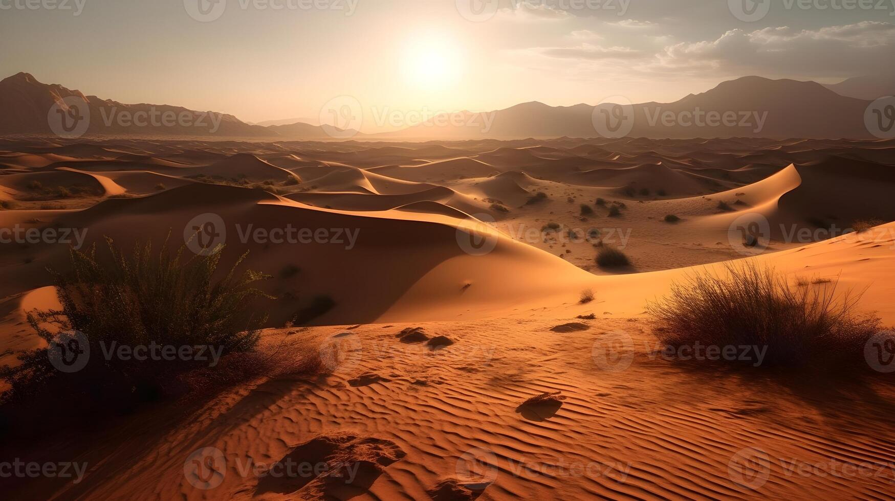 paisaje de un caliente Desierto con arenoso ola en el noche. ai generado foto