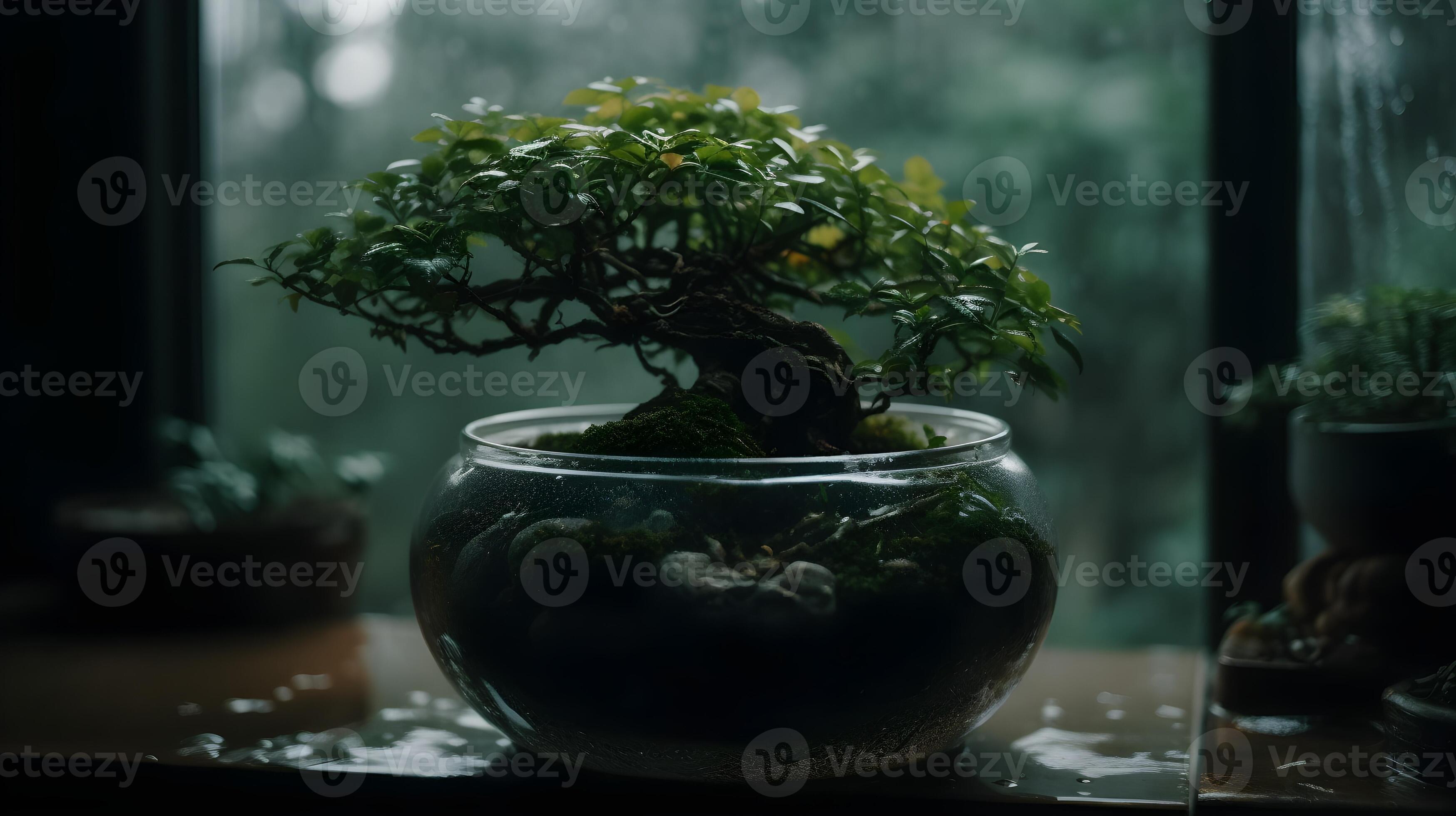 Beautiful bonsai plant in a terrarium display in a wet glass aquarium