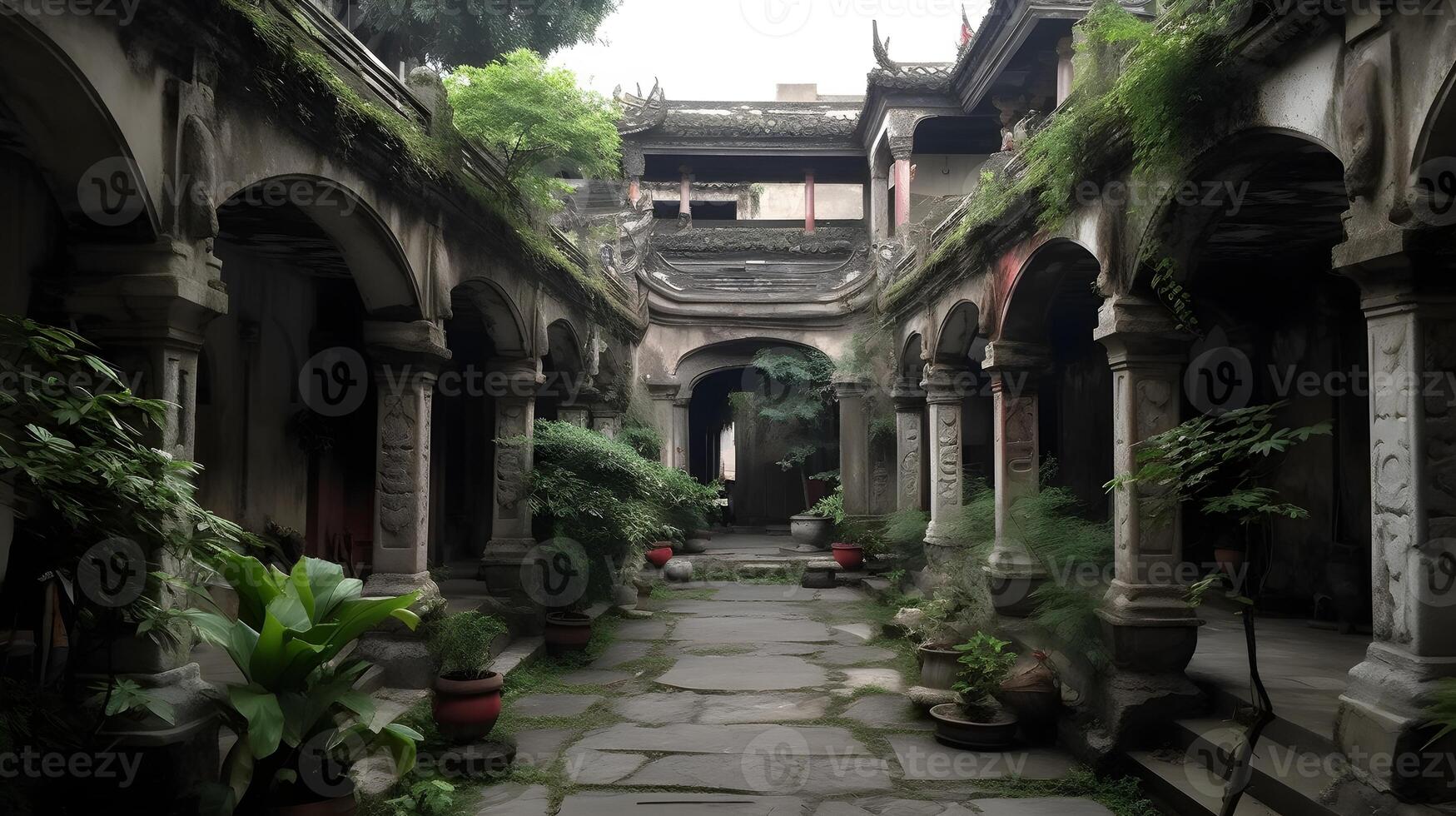 Old asian center open yard of oriental building architecture. photo