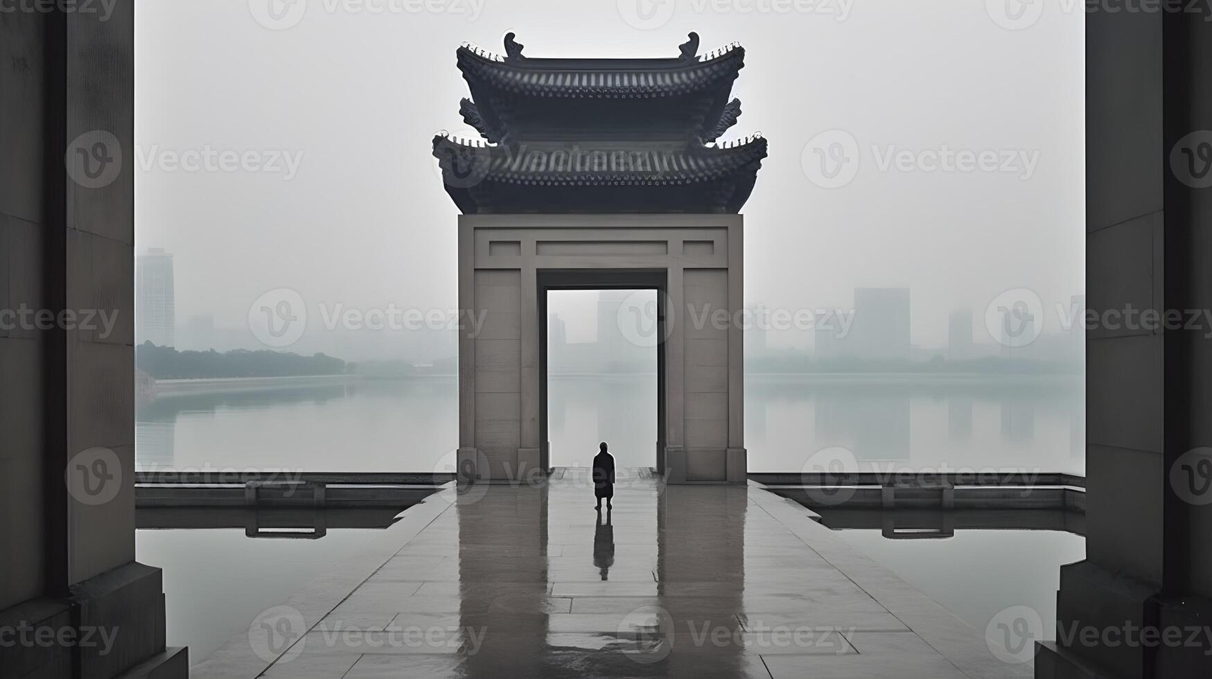 un hombre en pie en un grande chino arquitectura portón brumoso chapado a la antigua, lago y ciudad a el antecedentes. ai generado foto