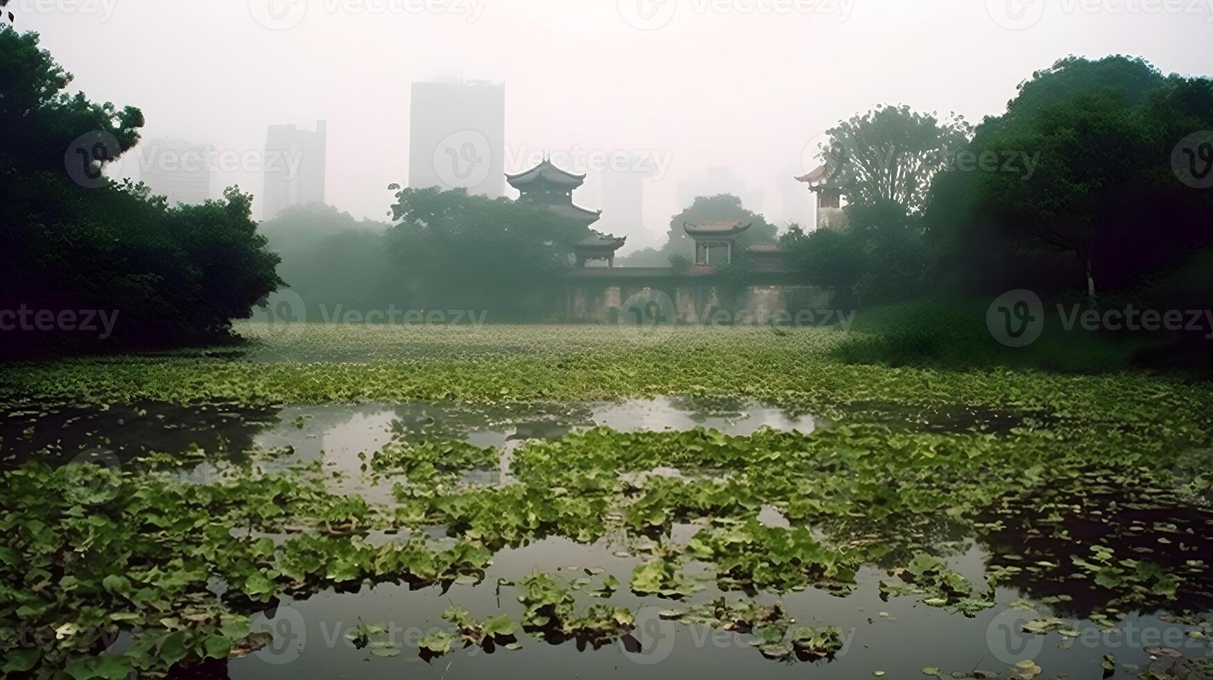 Morning Mist over Cityscape with River, Trees, and Greenery. photo