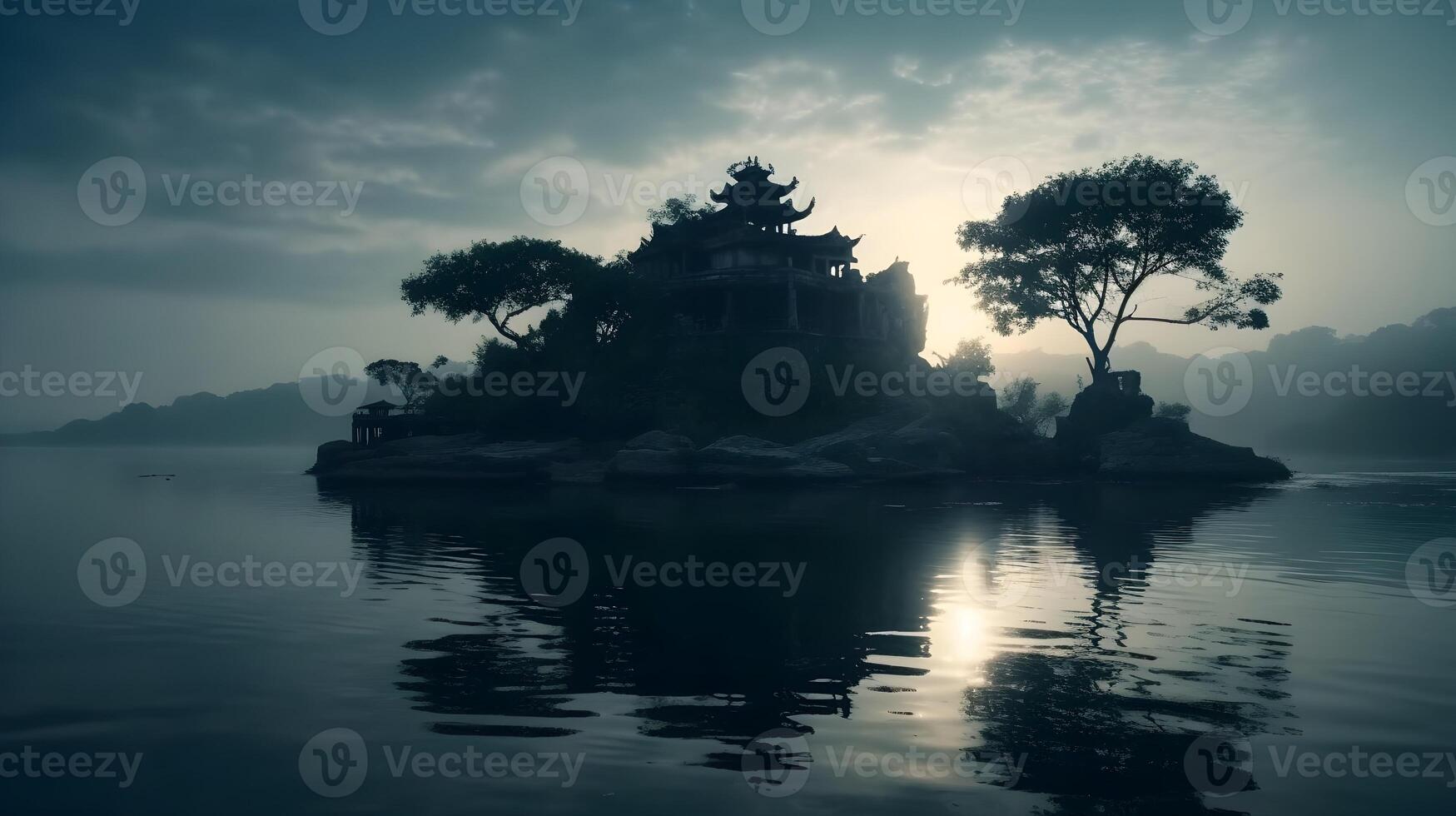 Serenely beautiful dawn landscape with calm ocean, sky, trees, and reflections. photo