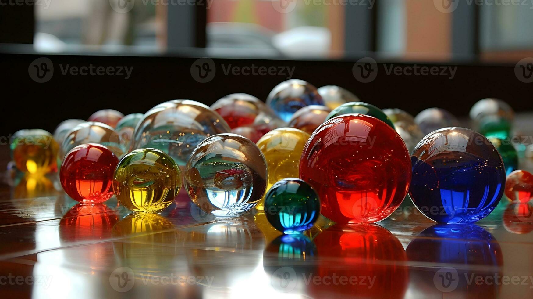 Colorful transparent glass ball reflections in indoor decoration reflection on the sphere. AI Generated photo
