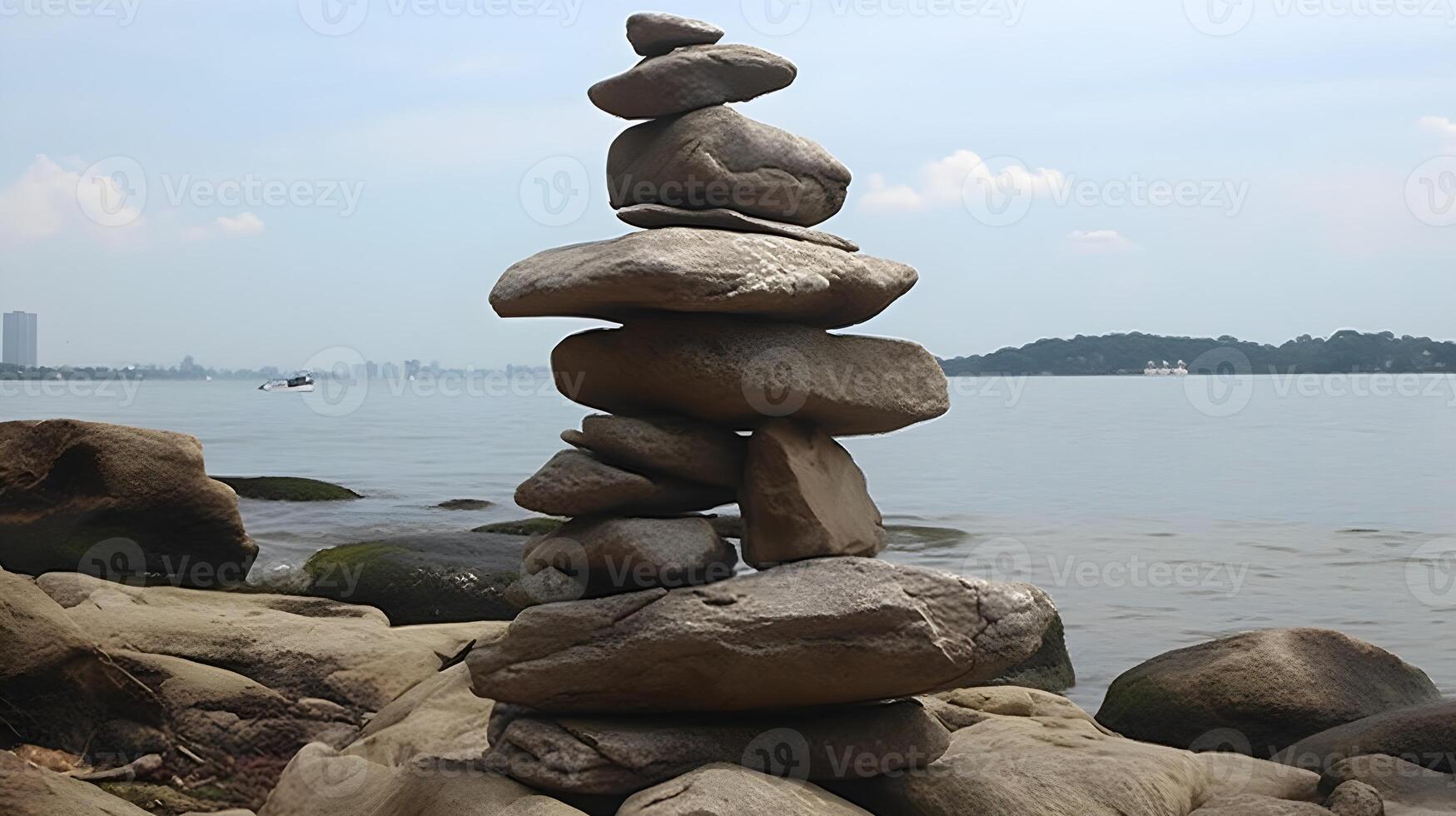 Pyramid of stone stack each other at the rocky beach. Balance rock or tower of stone. AI Generated photo