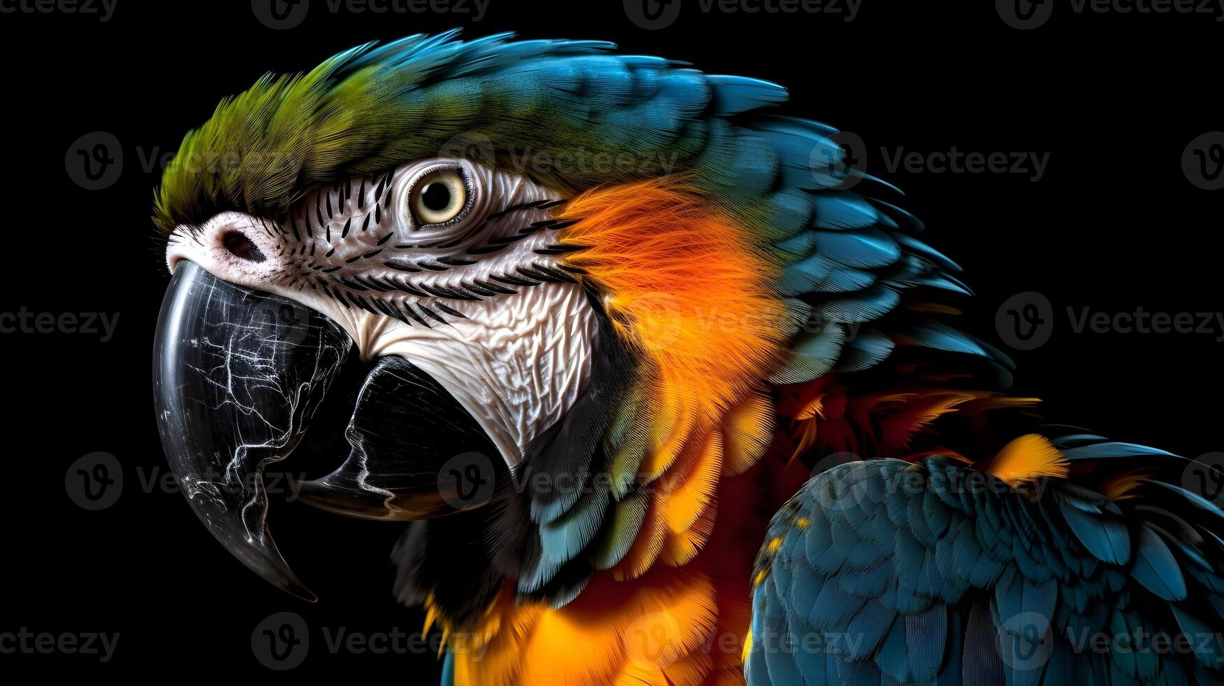 Close up portrait shot of beautiful blue yellow Macaw parrot bird head isolated on black. photo