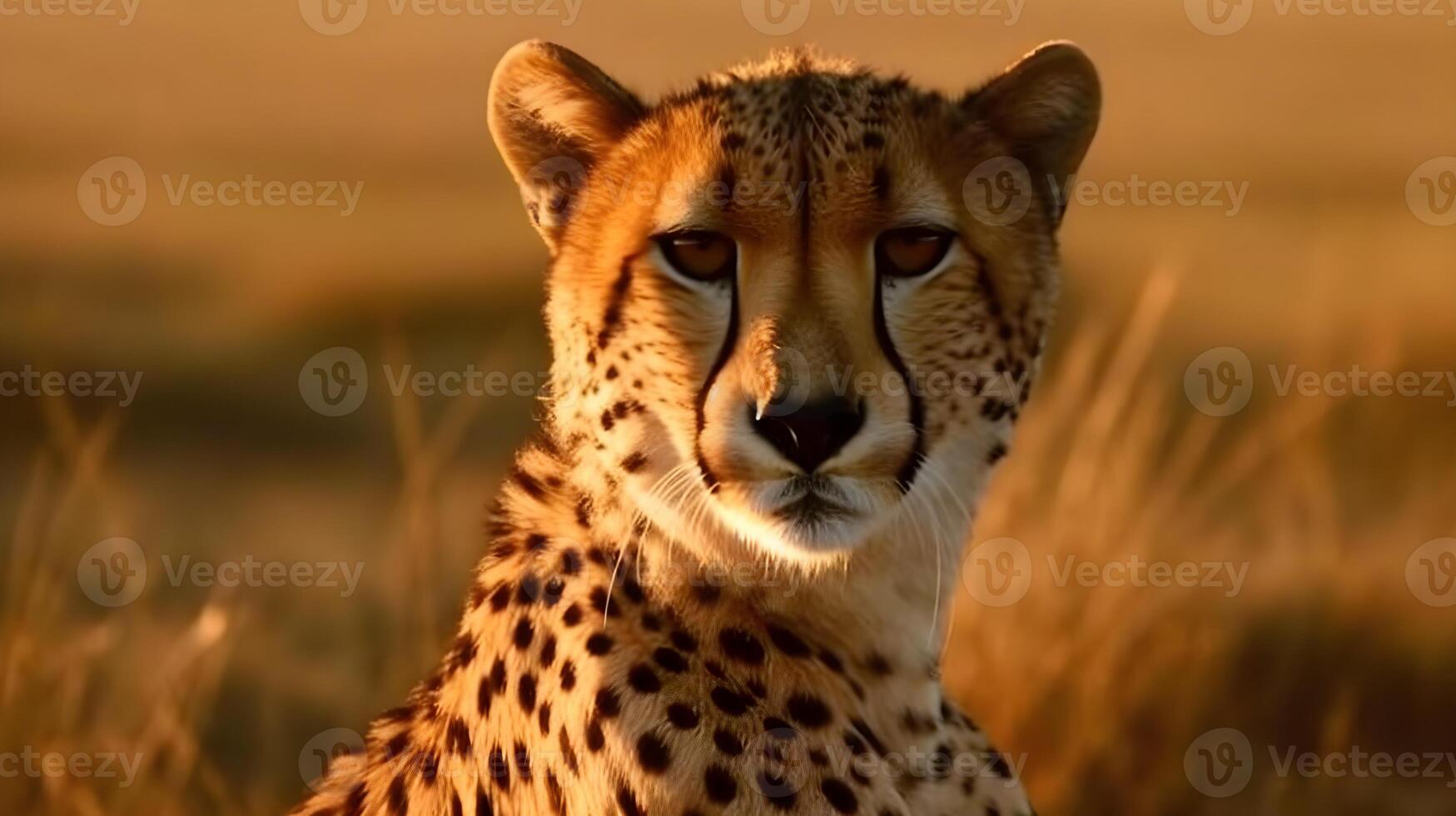 cerca arriba retrato feroz carnívoro leopardo, mirar fijamente o mirando a el cámara a Desierto sabana antecedentes. ai generado foto