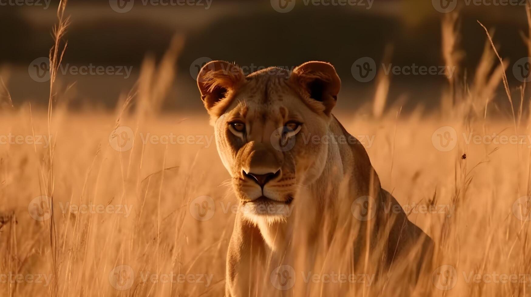 Close up portrait ferocious carnivore female lion, stare or looking at the camera at the savannah desert background. photo