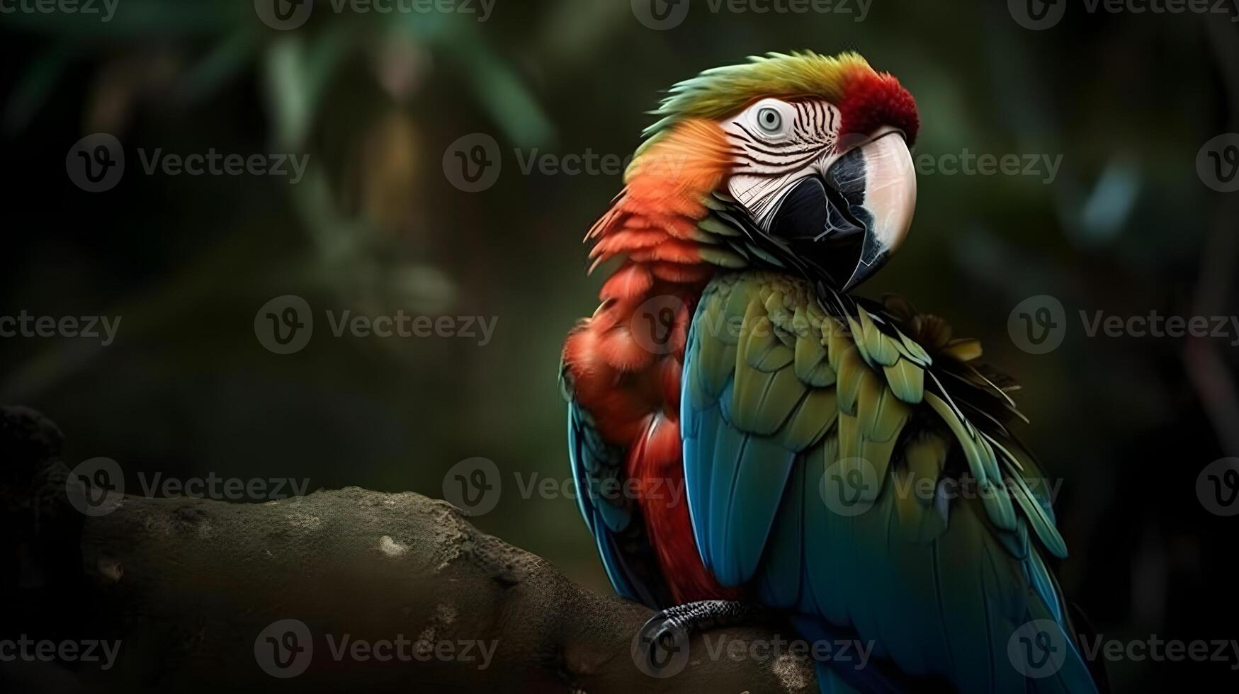 Close up portrait shot two Red Scarlet Macaw parrot bird nature blur bokeh background. photo