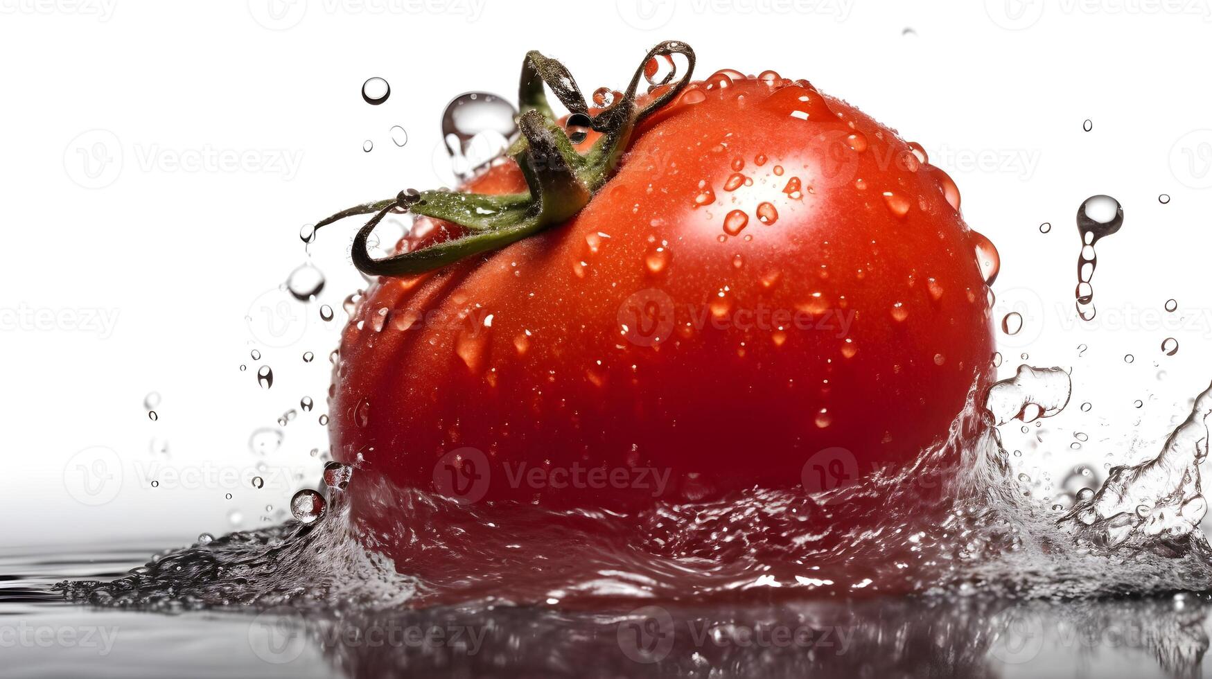 Fresco rojo tomate a el agua superficie y algunos agua chapoteo, agua soltar en el tomate con blanco antecedentes. ai generado foto