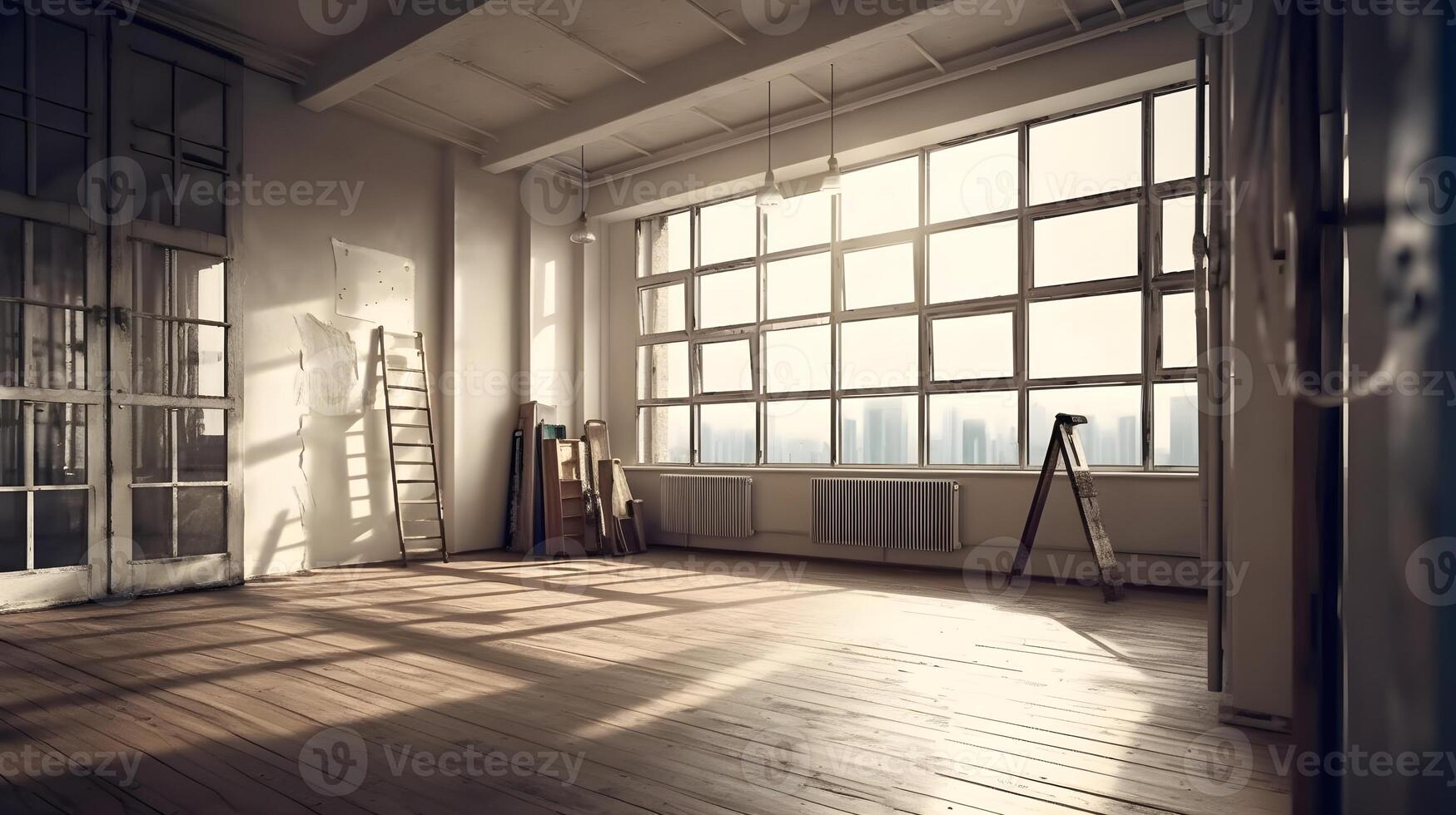 Large empty open space office or apartment loft or studio with some glass window view beautiful day light city sunset. Construction or renovation concept. photo
