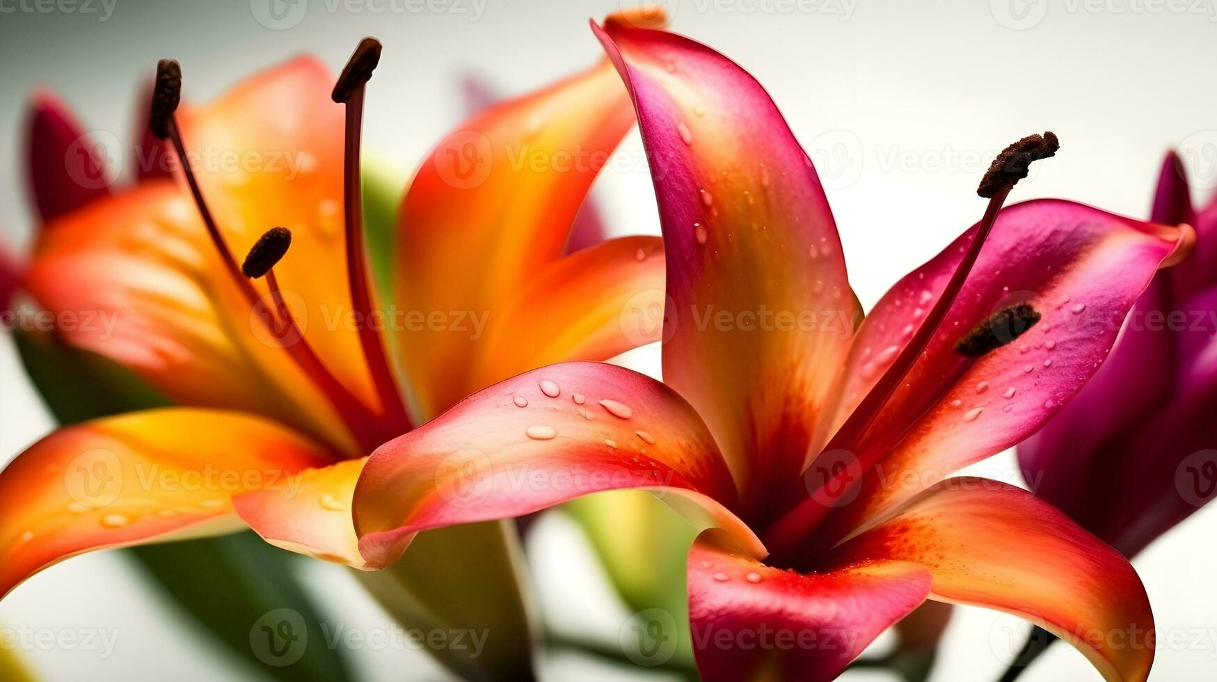 Macro close up shot orange purple Tiger Lily flower and some water drops looks fresh. AI Generated photo
