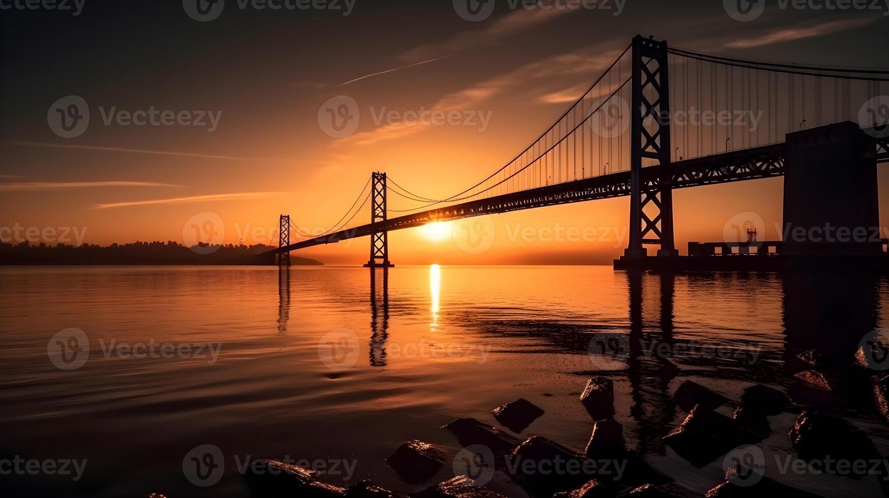 Cityscape at Dusk Panoramic Skyline Reflection on Suspension Bridge. photo