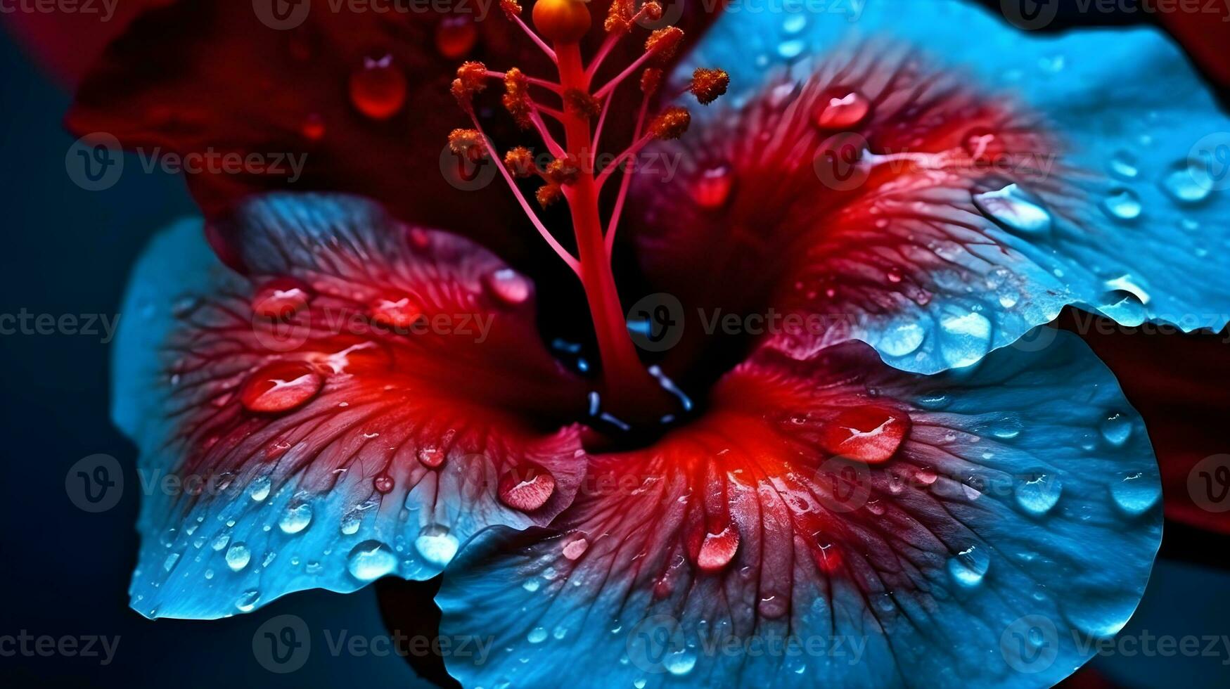 Macro shot close up flower of red blue hybrid Hibiscus rosa-sinensis or shoeblack plant with some water drops isolated on nature background. AI Generated photo