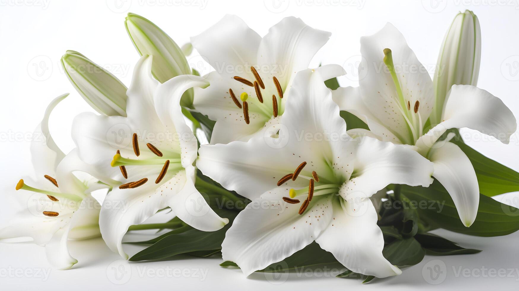 Some white Madonna Lily flower arrangement and some leaf laying on studio shot white background. photo
