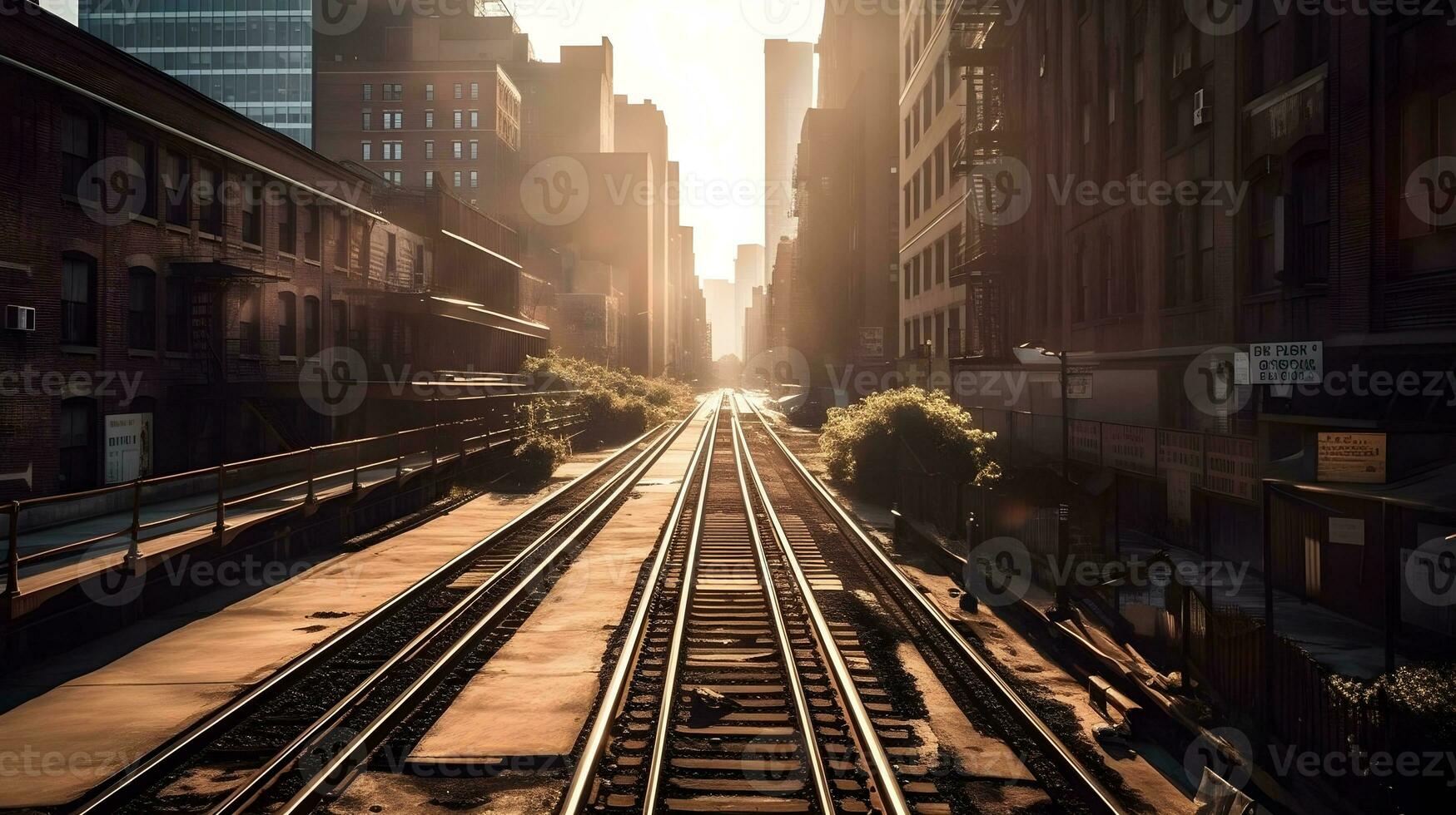 Steel rail road train track center perspective and city view with morning or evening sunset. AI Generated photo