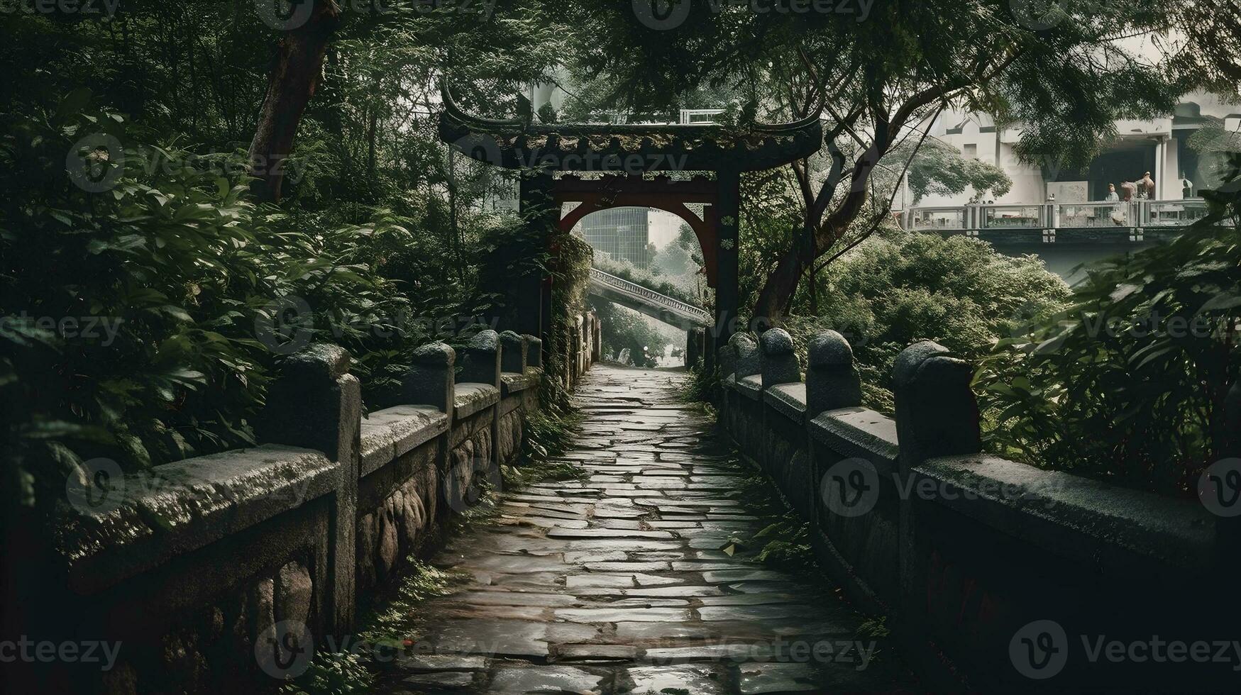 A beautiful urban old stoned bridge overlooking forested footpath, empty of people, with asian architectural. AI Generated photo